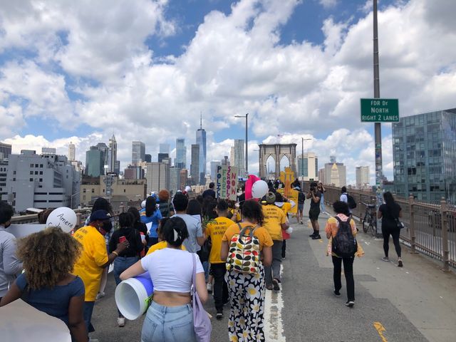 Students, teachers, and other activists march in June to protest school safety officers.